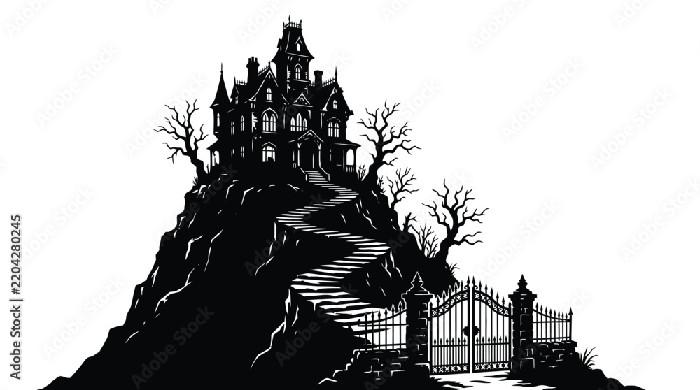 Obraz premium Haunted vector mansion on hill with spooky stairs and gate in black and white illustration