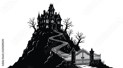 Haunted vector mansion on hill with spooky stairs and gate in black and white illustration