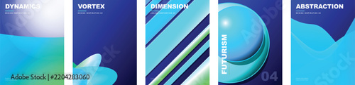 Vibrant blue gradient poster templates set. Vector modern cover layouts with glowing spheres, diagonal lines, fluid waves, layered shapes and soft mesh blurs for creative design portfolios