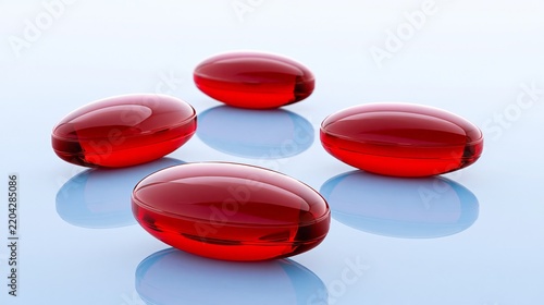 Shiny red capsules arranged artfully on a reflective surface, symbolizing wellness.
