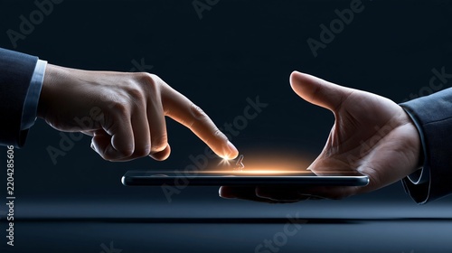 Two hands reaching towards a glowing tablet screen, symbolizing technology and connection.