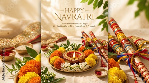Happy Navratri festive arrangement with oil lamps, marigold flowers, and Dandiya sticks on a soft cloth background.