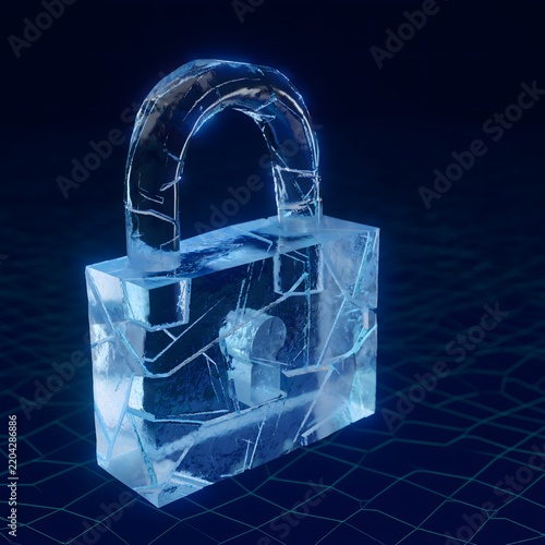 Translucent Digital Padlock Carved from Clear Ice Above a Dark Blue Network Background, Futuristic Cybersecurity and Data Protection Concept
