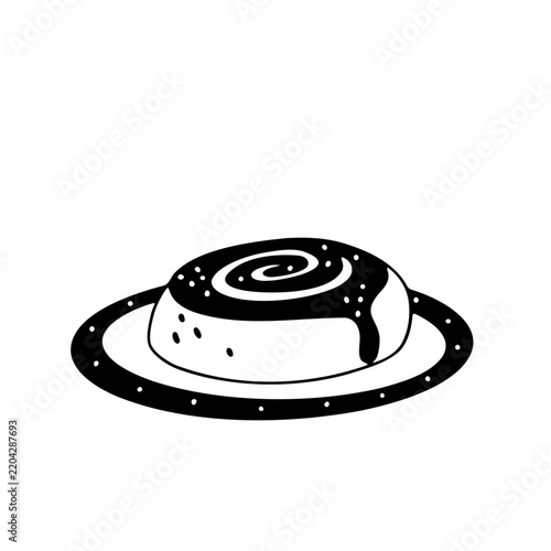 Hand Drawn Cinnamon Roll Doodle Vector Illustration, Sweet Swirl Pastry and Glazed Bun on Plate Clipart