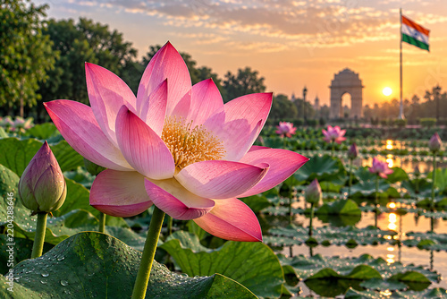 Beautiful Pink Lotus Flower Blooming in Pond at Sunset