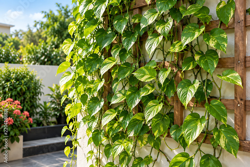 Green Pothos Money Plant Climbing on Wooden Garden Wall