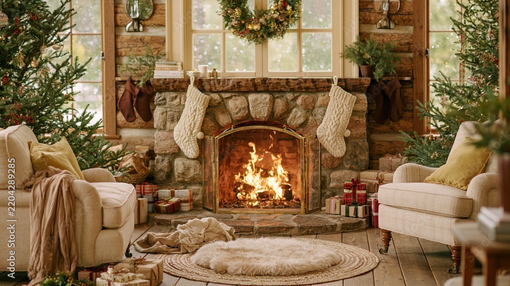 Obraz premium Cozy cabin living room with a crackling stone fireplace and decorated christmas tree for holiday home decor and nostalgia