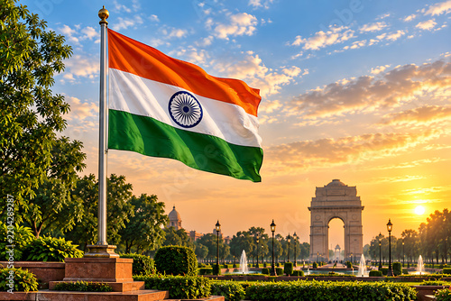 Indian National Flag with India Gate at Sunset in Delhi