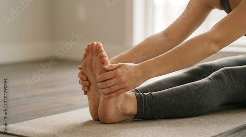 Close up of woman's feet and hands stretching on yoga mat indoors