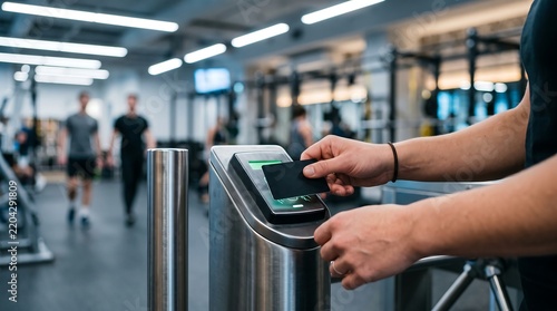 Person using access card to enter gym turnstile with blurred background of gym equipment and people