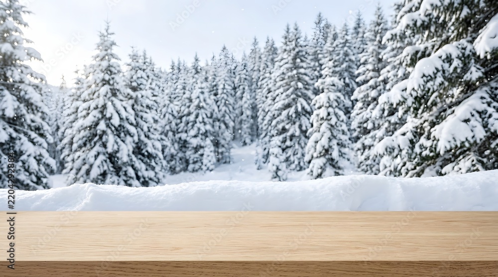 Obraz premium Christmas holidays scenic background with empty wooden table and Christmas decoration. usable for winter product display