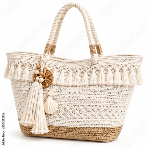 Woven Bag With Tassels and Beads for Summer Outings and Beach Trips