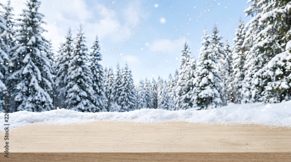 Obraz premium Christmas holiday decorations on a wood surface with copy space. winter snowfall view