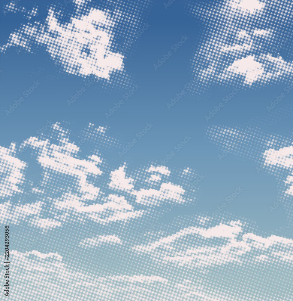 Obraz premium Sunny Day gradient halftone cloud background with soft dreamy dotted cumulus, delicate sky, aesthetic risograph texture vector dotted illustration for design