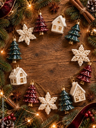 Christmas Ornaments Arranged in a Circular Pattern on a Wooden Surface