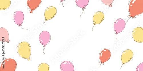 Pattern of colorful hand drawn balloons in pink yellow and orange floating on a white background