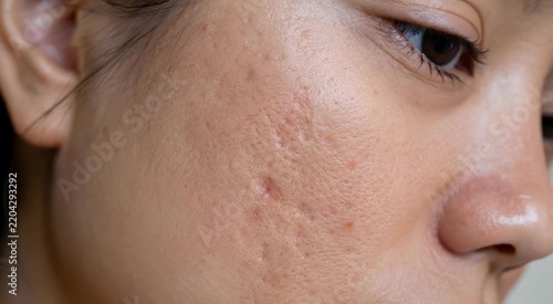 Close-up of a cheek showing acne scars, pitted texture, enlarged pores and uneven skin tone