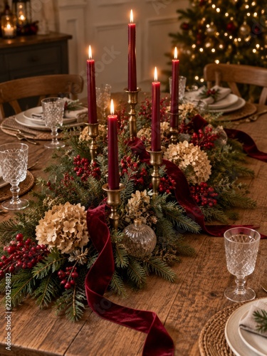 Christmas Dinner Table With Candles and Decorations