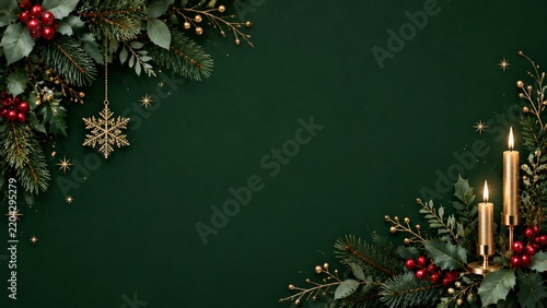Decorations for a Festive Event With Greenery and Candles on a Dark Background