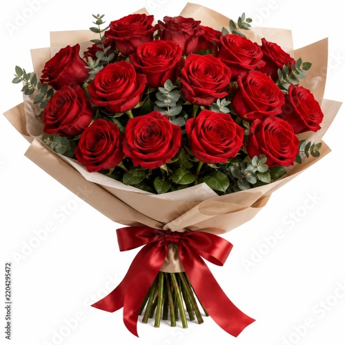 Bright Red Roses Arranged in a Bouquet With Green Leaves and a Ribbon