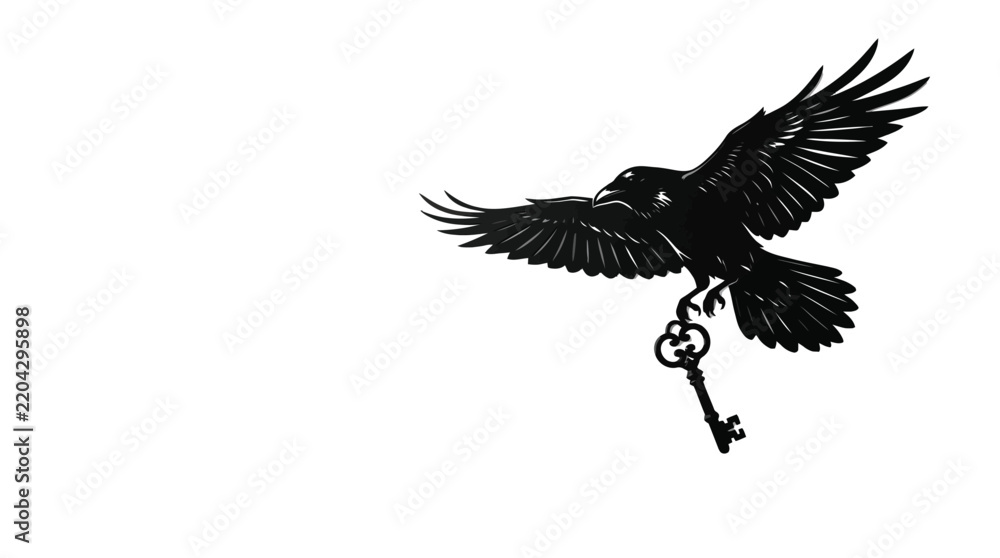 Fototapeta premium Majestic black raven soaring gracefully through bright empty studio space while holding a metal key