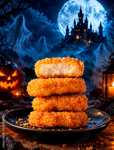 Halloween-themed chicken nuggets, Halloween advertising, chicken snack advertising, Halloween-themed fast food