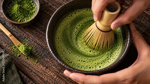 Hands Whisking Ceremonial Grade Matcha with Bamboo Chasen in Chawan