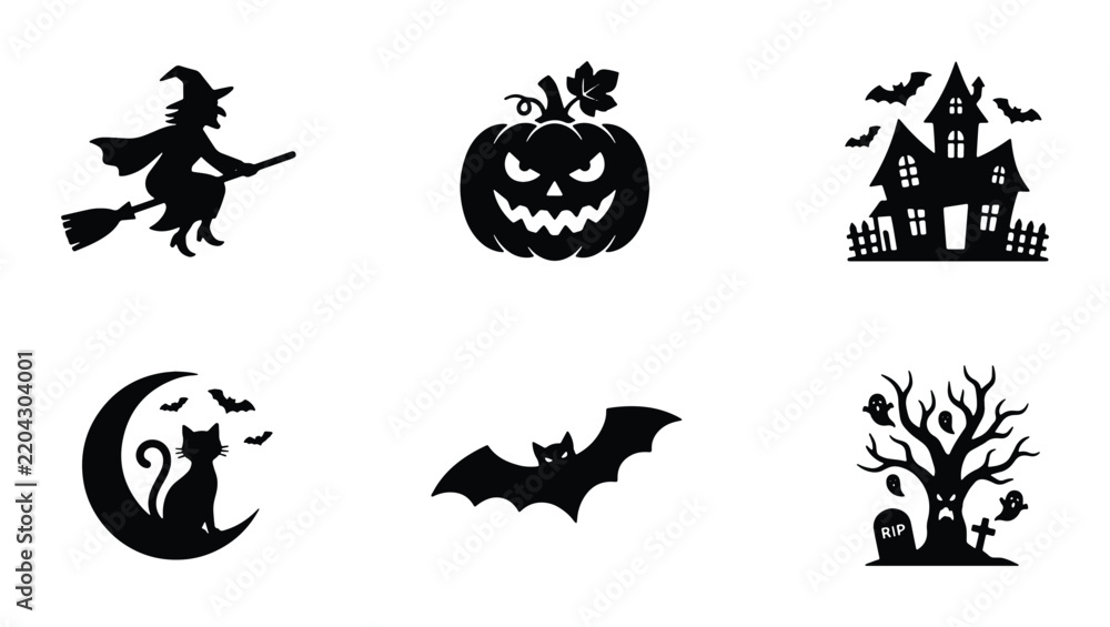 Fototapeta premium Halloween Icons Silhouette Set: Witch, Pumpkin, Haunted House, Cat, Bat, Spooky Tree Vector Graphics