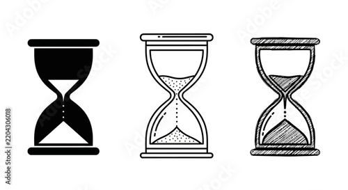 Set of Three Hourglass Icons Featuring Solid Black Outline and Hand Drawn Sketch Styles for Time Measurement