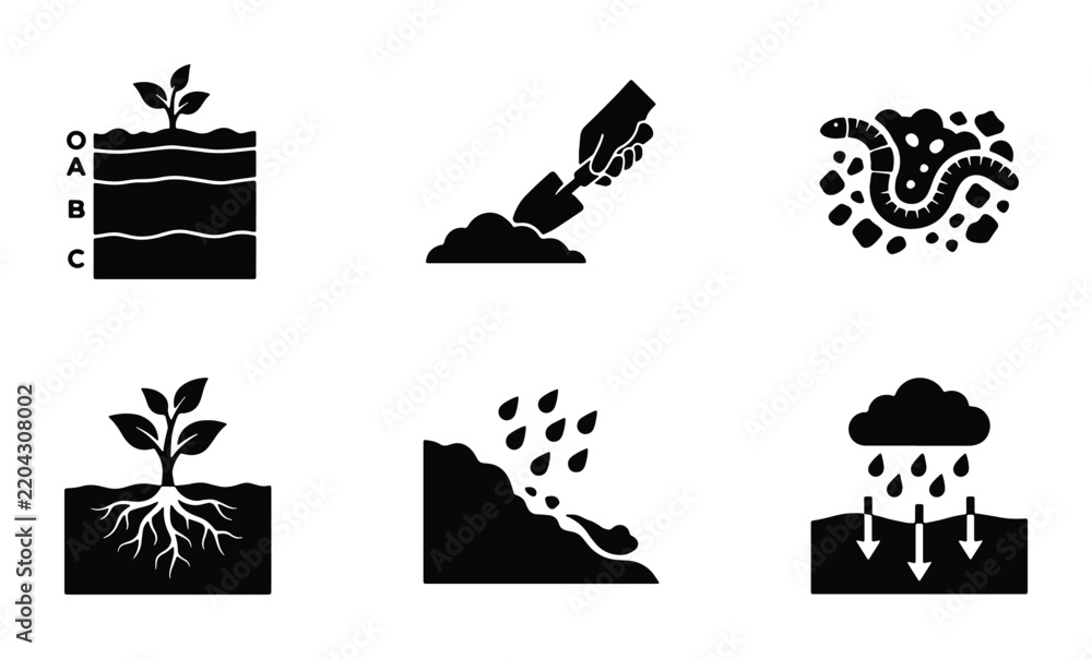 Fototapeta premium Soil Layers, Erosion, and Plant Growth Icons: Agriculture, Gardening, and Earth Science Concepts