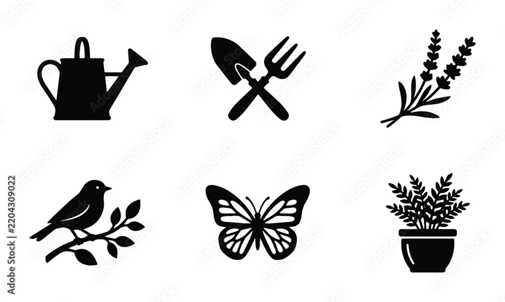Fototapeta premium Garden Icons Set: Watering Can, Tools, Lavender, Bird, Butterfly, Potted Plant Vector Graphics
