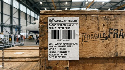 A wooden cargo crate with a shipping label and Fragile marking sits in an airport hangar with an airplane in the background.