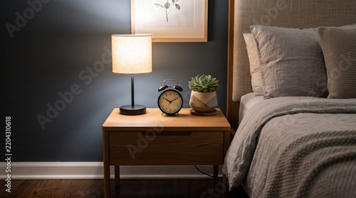 A bedside table featuring a lit lamp, an alarm clock, and a small potted plant next to a made bed. The room has a dark blue wall and a wooden nightstand