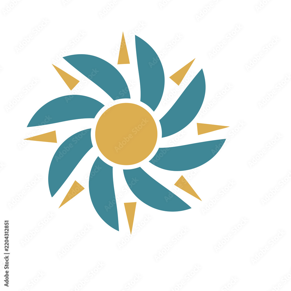 Fototapeta premium Abstract sun logo with teal petals and yellow triangles