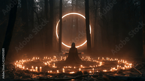 Witch performing a protection ritual around a glowing circle of candles, moonlight shining through the forest
