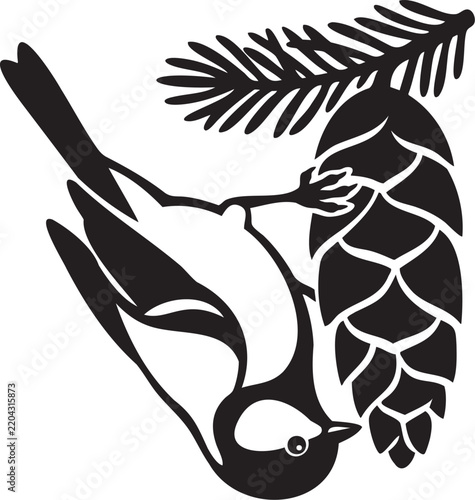 Winter Songbird Perched on Pine Cone and Evergreen Branch Botanical Illustration