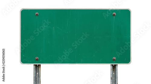 Blank green highway road sign isolated on white background for custom traffic information display