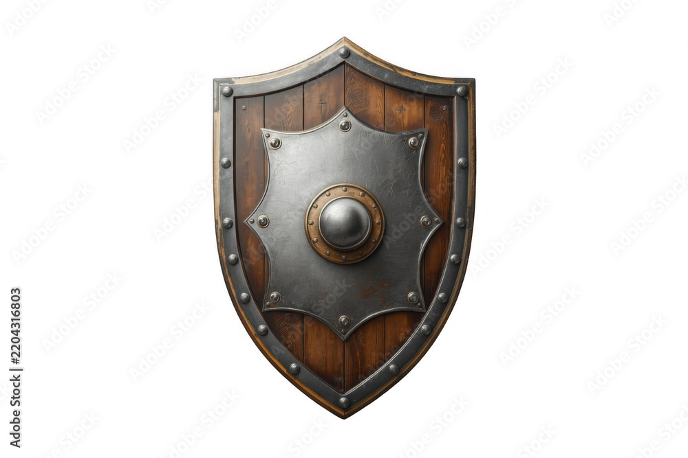Fototapeta premium Medieval Wooden Shield with Metal Plate Isolated