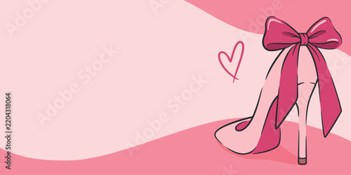High Heel Shoe Vector Illustration. Pink High Heel with Big Bow and Heart on Pink Background. Feminine High Heel Fashion Banner for Footwear, Boutique, Bridal, Wedding, Valentine, Beauty Concept