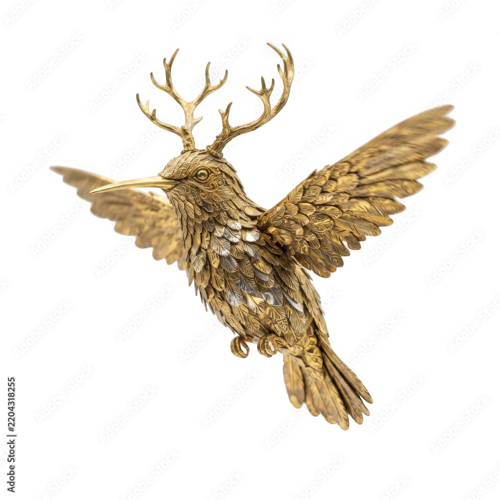 Obraz premium Golden hummingbird sculpture with antlers isolated on transparent background