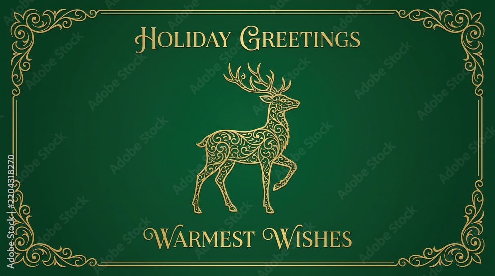 Obraz premium golden ornate deer illustration on dark green background with decorative frame and holiday greetings text. elegant christmas card. banner, website header.