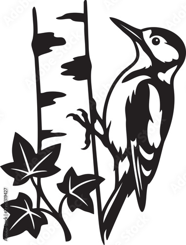 Woodpecker Climbing Birch Tree Trunk With Ivy Leaves Woodland Wildlife Illustration