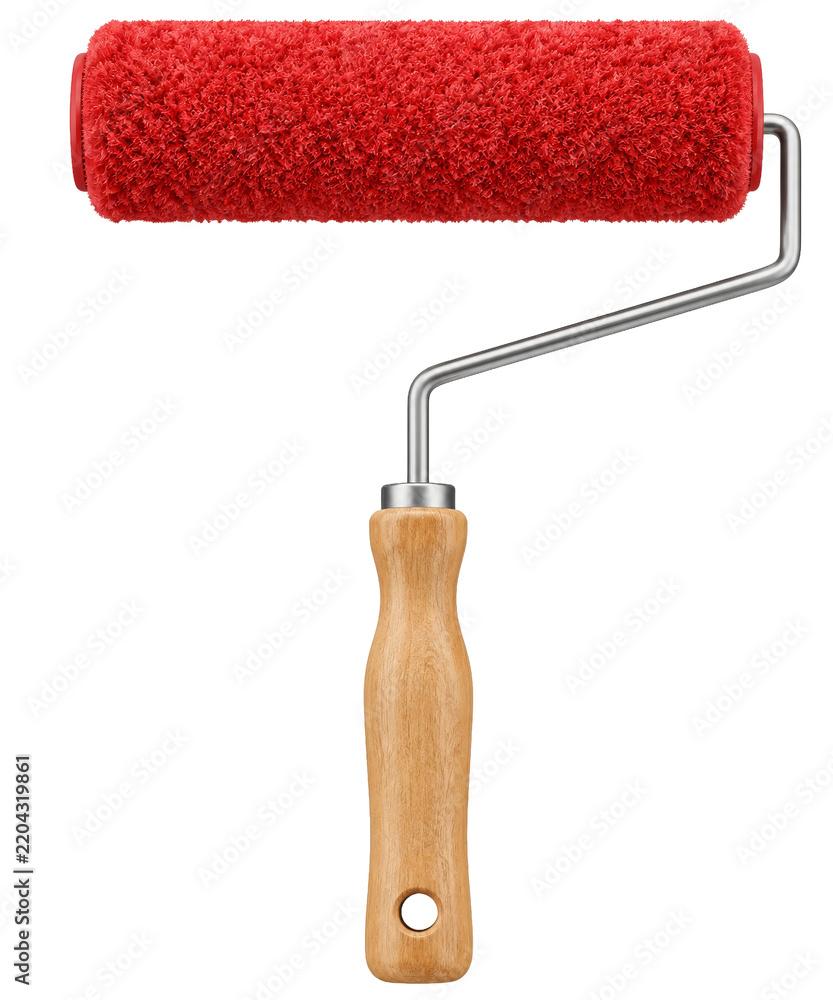 Fototapeta premium Red paint roller with a wooden handle isolated on a clean white background for home renovation