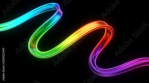 Abstract rainbow light wave flowing in a colorful gradient ribbon pattern on black background