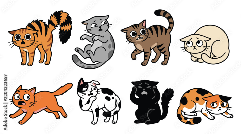 Obraz premium Colorful cartoon cats in playful and relaxed poses on plain background