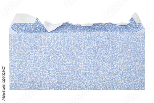 Torn blue security envelope with a patterned interior isolated on a clean white background