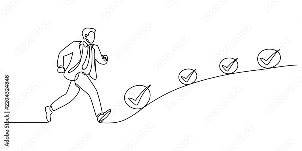 Obraz premium Businessman running along a path with check mark icons as a concept of business success and goal achievement drawn in continuous line art Vector, illustration