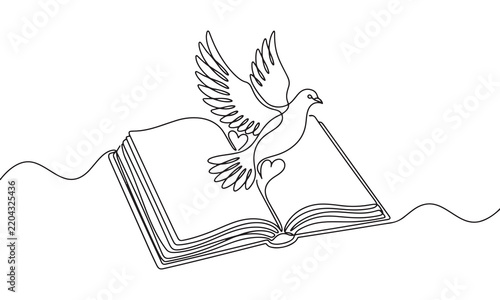 Single continuous line of an open book with a flying dove and a heart shape emerging from the pages, religious and spiritual concept, minimalist on white background
