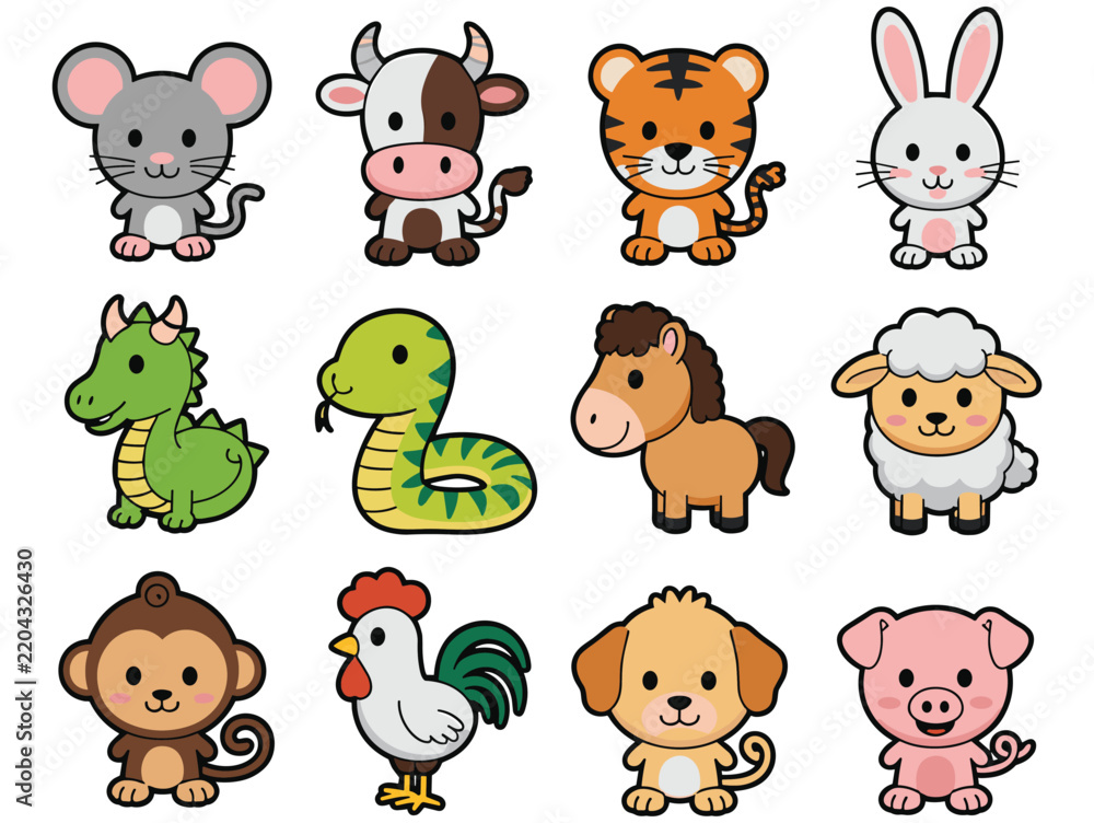 Obraz premium Set of cute chinese zodiac animals collection cartoon vector illustration set