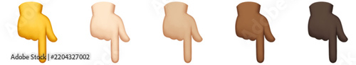 Pointing down hand emoji set with diverse skin tones and cartoon fingers. Clear gesture symbols suit instructions, buttons, messaging, stickers, apps, social media, and digital design. Vector.